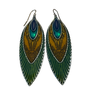 Peacock-Inspired Green and Gold Toned Earrings 3” Long